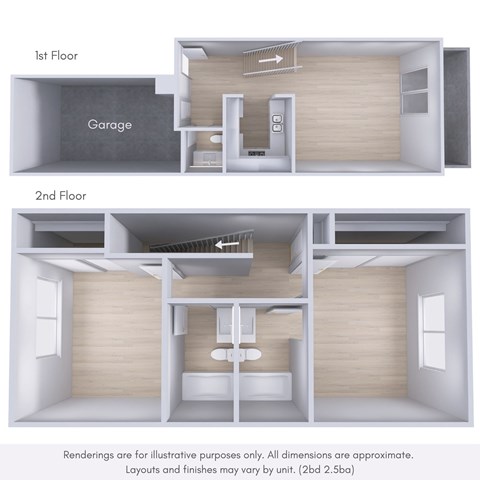 Floor plan for 2 beds, 2.5 baths, 1091 sqft